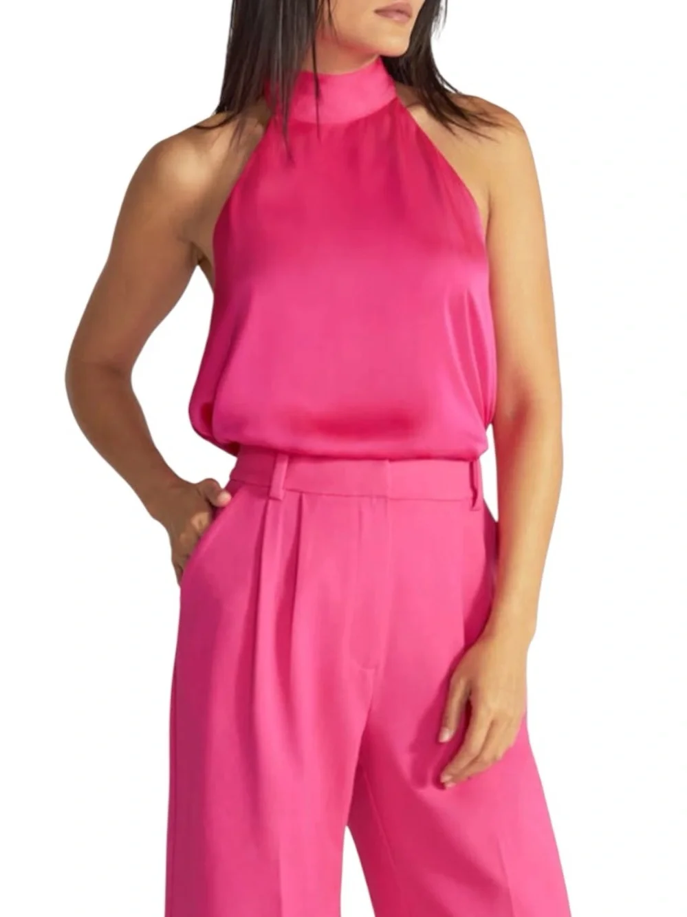 Favorite Daughter Take A Bow Satin Halter Top Pink Open Back Tie Blouse Large